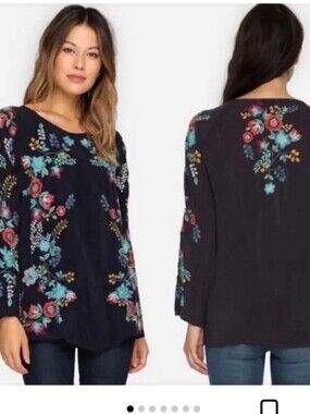 jonny Was Women's Black Floral Long-Sleeve  Top by